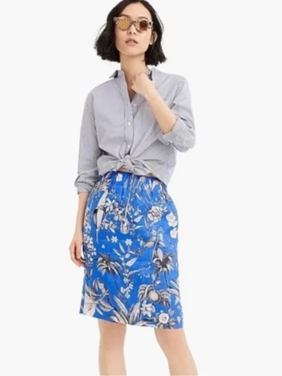 J. Crew 100% Linen Pull-on Skirt in blue Ratti Tropical Toile print sz XS