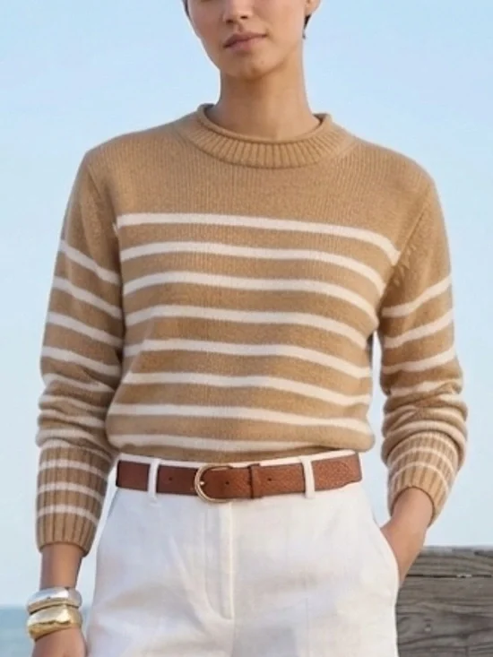 J.CREW Rollneck Sweater Womens M Camel Striped Cotton Chunky Knit Preppy Coastal