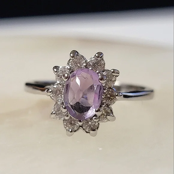 Gorgeous Amethyst Halo Flower Ring Cluster Faceted Gemstone