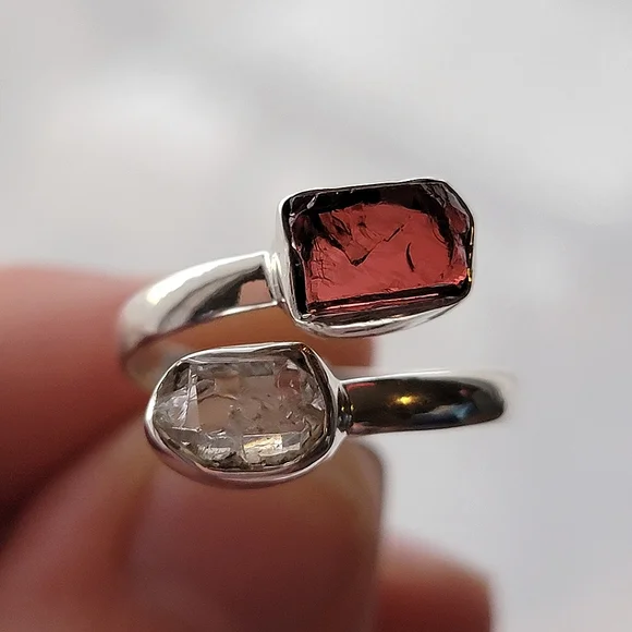 Garnet with Herkimer Diamond Sterling Silver Bypass Gemstone Ring