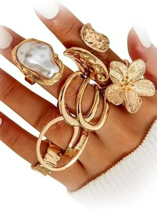 NEW 6 pc Y2k Statement Flower Stackable Rings Chunky Gold Baroque‎ Pearl Fashion