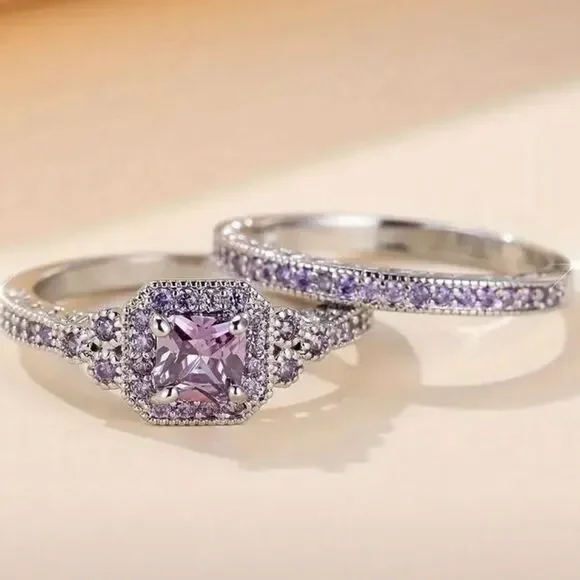 2 piece wedding set Purple and Silver Vintage-Inspired Ring Set inclusive sizes