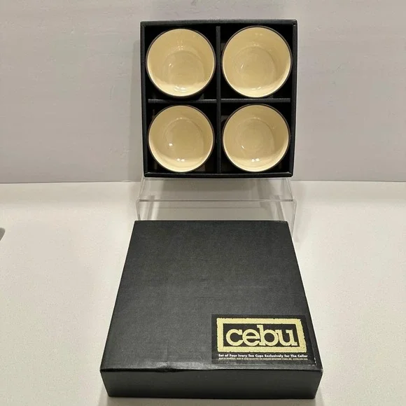 CEBU Set of Four (4) Back Ivory Tea Cups Made in Japan NEW in box The Cellar 90s