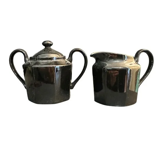 Fitz and Floyd Cream Sugar Set Art Deco Black Ceramic Octagonal Japan MCMLXXVIII