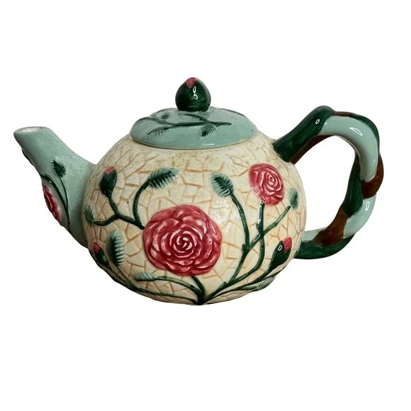 Flowers Inc Balloons Hand‎ Painted Ceramic Teapot Roses Green Aqua Brown Handle