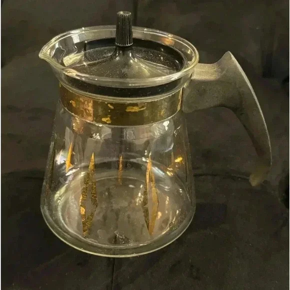 MCM PYREX GOLD ATOMIC DIAMOND STARS CARAFE 2 CUP COFFEE TEA POT 5