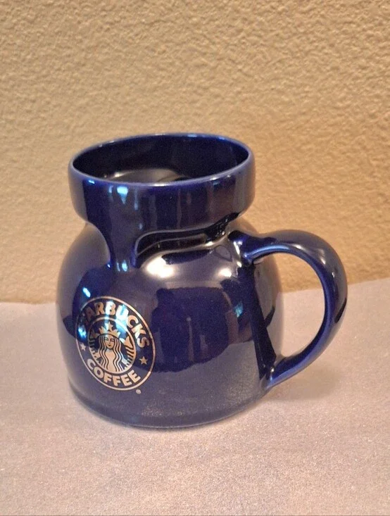 Vintage Starbucks Blue FAT Boy Travel Mug & Lid. Ceramic With Gold Logo
