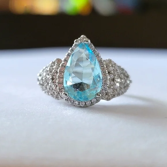 Blue Topaz Cubic Zirconia Sterling Silver Statement Ring Size 8