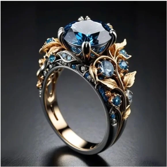 New Leaf Shape Inlay Blue Zircon Ring.