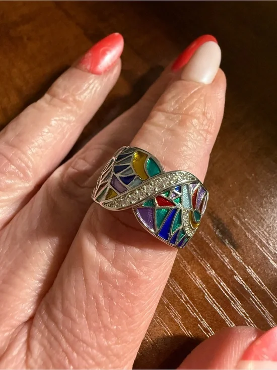 Sterling Silver Multicolor Enamel Mosaic Ring with CZ Accents - size 9 *NEW