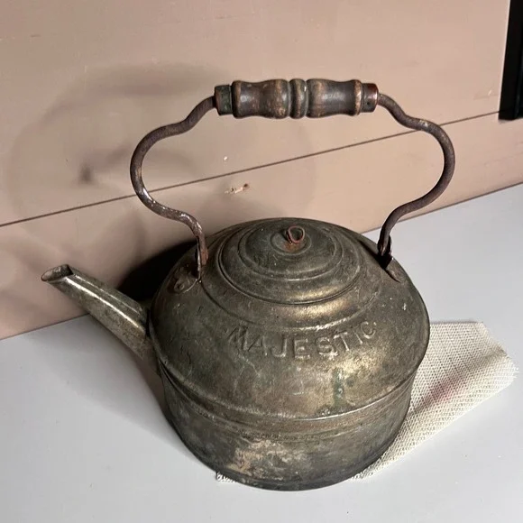 Antique Majestic Copper Tea Kettle Wood Handle Patented‎ May 17 1898 Primitive