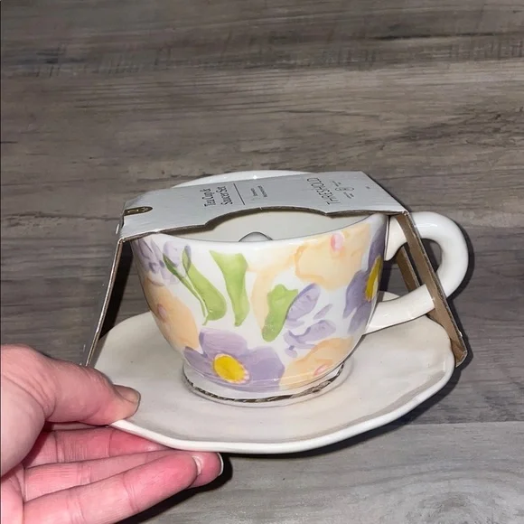 Threshold tea cup saucer set floral bunny spring cream purple pink NEW