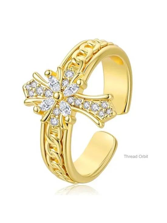 18K Gold Plated Stackable Cross Ring, Adjustable Open Ring with CZ