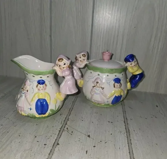 Vtg Green Trim Dutch Holland Windmill Boy & Girl Creamer and Sugar Set Kitschy