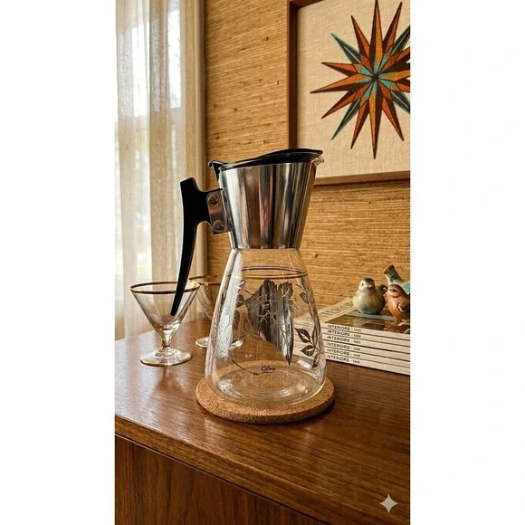 Vintage Colony‎ Silver Leaf Glass Coffee Carafe Heatproof MCM Server USA Chrome