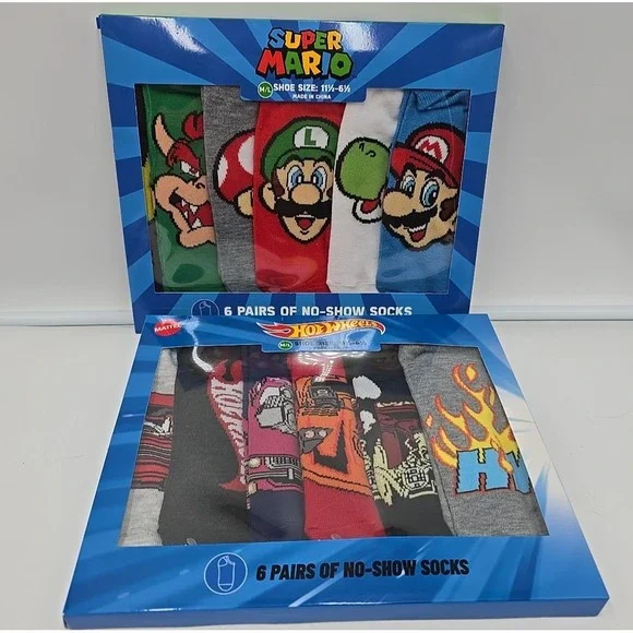 NEW Super Mario Hot Wheels Boys No-Show Socks M/L 12-Pack Shoe 11 1/2 -‎ 61/2