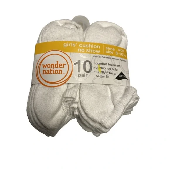 wonder nation girls no show ankle socks 10 pairs size‎ small shoe 6-10.5 white