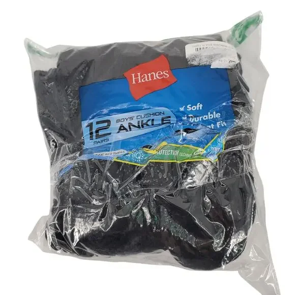 Hanes Boys Cushion‎ Angle Socks Black Medium 9-2 1/2 12 Pack New