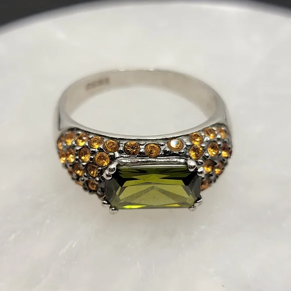 Cocktail Ring Rhinestone and Simulated Peridot Green Gemstone Signed China