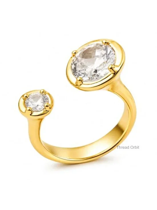 Adjustable Open Band Two-Stone Cubic Zirconia Statement Ring Gold Plated