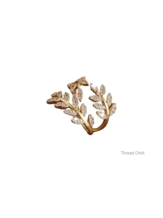 Adjustable Gold Plated Cubic Zirconia Leaf Wrap Open Ring for Women