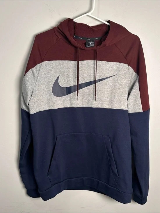 Nike Men's Maroon Gray Navy Colorblock Pullover Hoodie