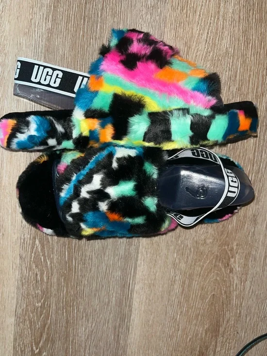 UGG  Multicolor Faux-Fur Slide Sandals - Pink, Teal, Orange, Yellow & Black