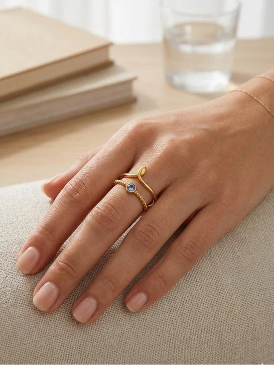 Gold Plated CZ Open Wrap Ring Adjustable Stainless Steel Blue Stone NWT