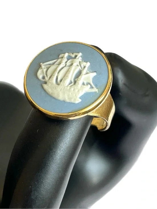 Mid-Century Wedgwood Blue Jasperware Cameo Style Adjustable Ring
