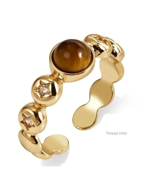 14K Gold Plated Tigers Eye Star CZ Vintage Statement Ring Adjustable