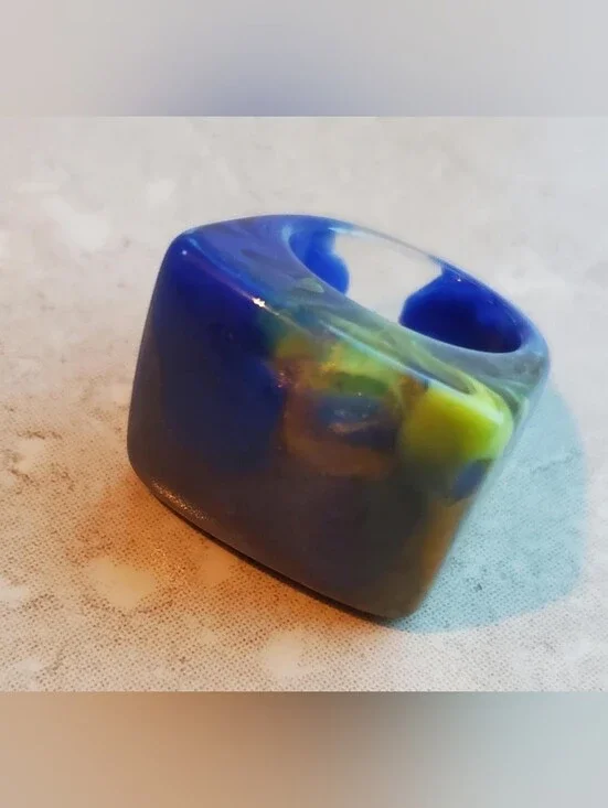 Chunky Resin Statement Ring in Blue Marbled Swirls
