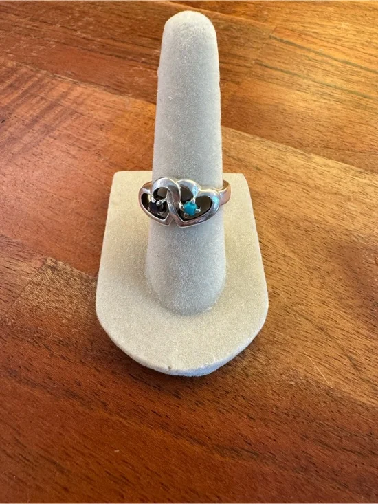 Sterling Silver 925 Double Heart Ring Turquoise PURPLE Stone‎ Accents Size 7.5