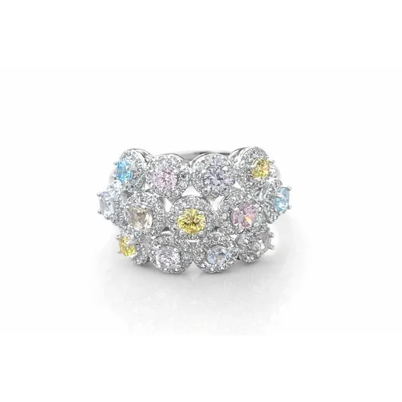 FZN 925 Sterling Pastel Multi Gemstone‎ Cluster Halo Statement Ring Sz 8.5-9