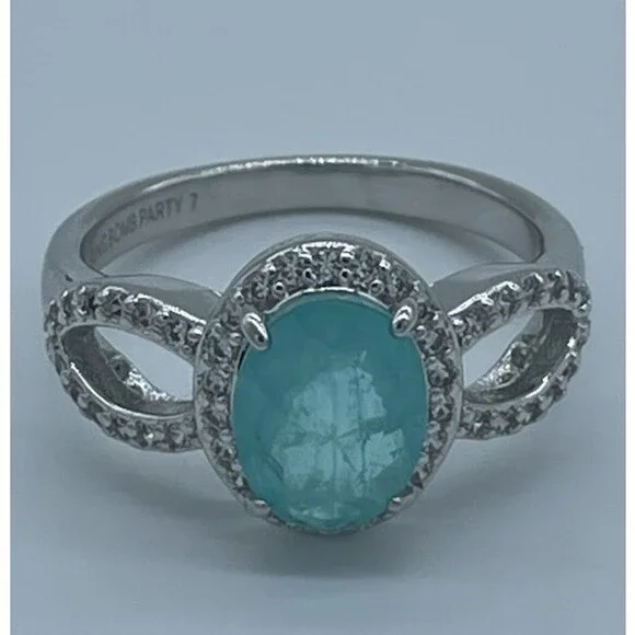 Bomb Party Size 7 Aqua Blue Halo Infinity Ring Rhodium Plated