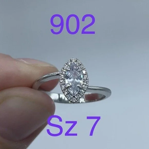 Bomb Party Sz 7 Marquise Halo Solitaire Ring Rhodium Plated