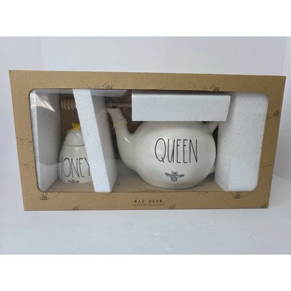 Rae Dunn Honey Pot & Queen Bee Teapot Set Ceramic Gift Set