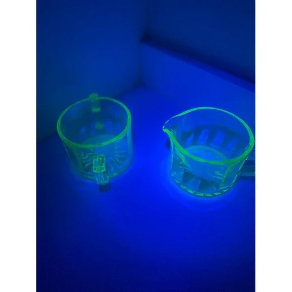 Vintage Uranium Glass Creamer and Sugar Bowl Set Paneled Starburst UV Reactive
