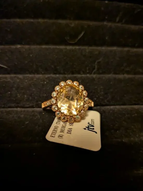 Morganite & White Diamond Simulant Rhodium Over Sterling Eterno Bella Sz10