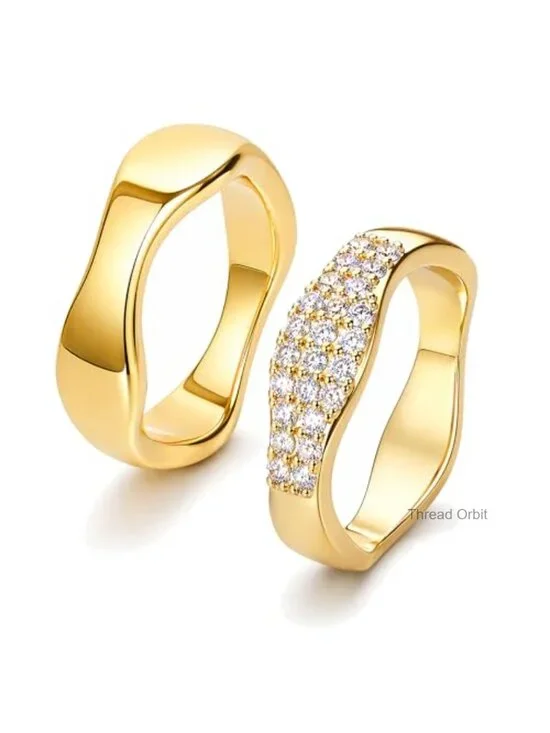 Chunky Wavy Gold Plated Statement Ring with CZ Stackable Fashion Jewelry for