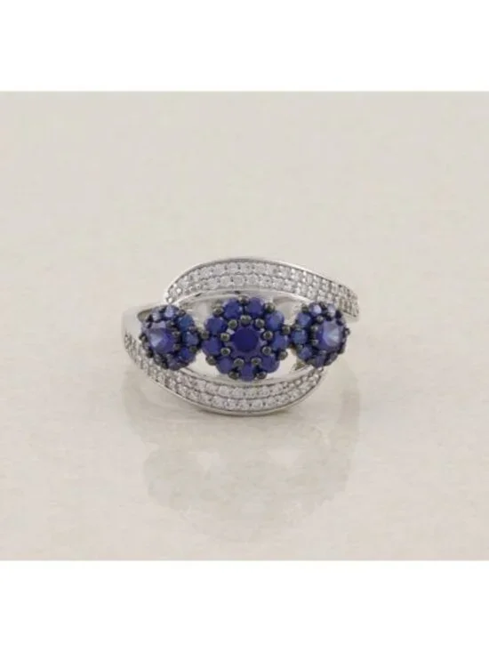 Sterling Silver Blue & White Cubic Zirconia Flower Ring Sparkly Size 10