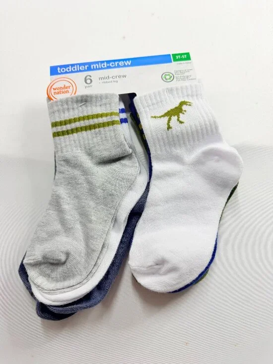 Wonder Nation Toddler Mid Crew Socks 6 Pair 3T-5T Dinosaur Smiley Bolt New NWT
