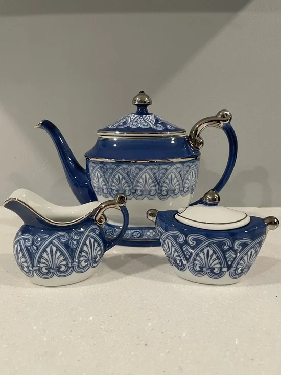 Bombay Blue & White Porcelain Tea Set – Teapot, Creamer & Lidded Sugar Bowl