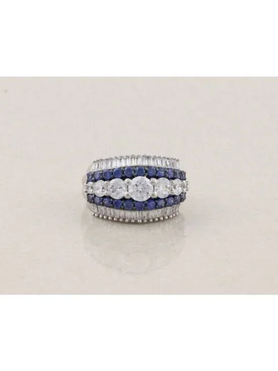Sterling Silver Large Bold Sparkly White & Blue CZ Band Ring Size 10 1/4