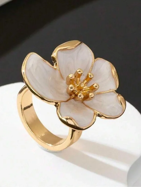 Maison Bloom White Enamel Camellia Ring