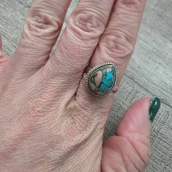 ​Vintage Sterling Silver 925 Southwestern Pear Turquoise Copper Matrix Ring 9