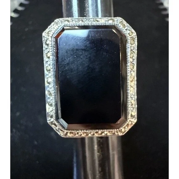 Vintage Large Oversized Emerald Cut Onyx Marcasite Statement Ring 925 Size 6