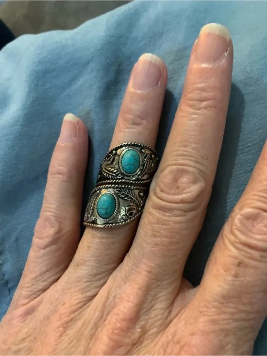 Vintage Silver-Tone Wrap Ring with Oval Reconstituted Turquoise Stones