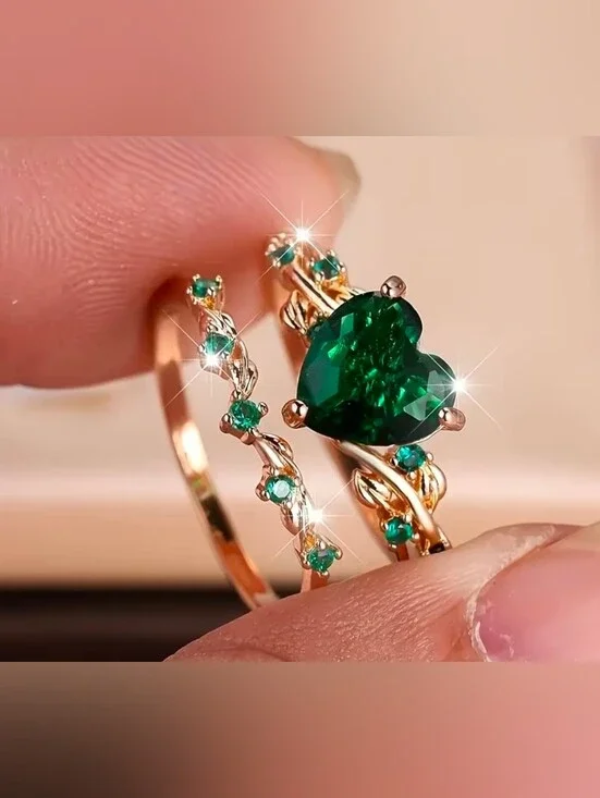$8 Each Or Bundle 5/$20 Green Heart Emerald Gold Colored Ring Set Size 8
