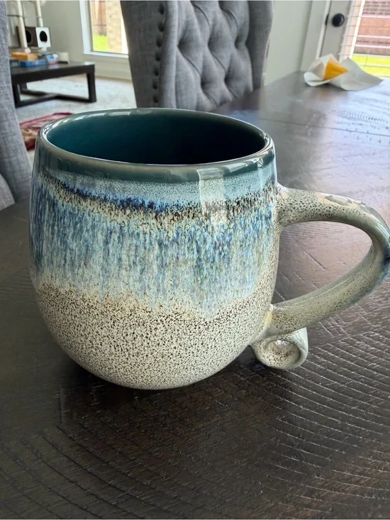 Glazed Ceramic Oversized Mug in Blue and Cream