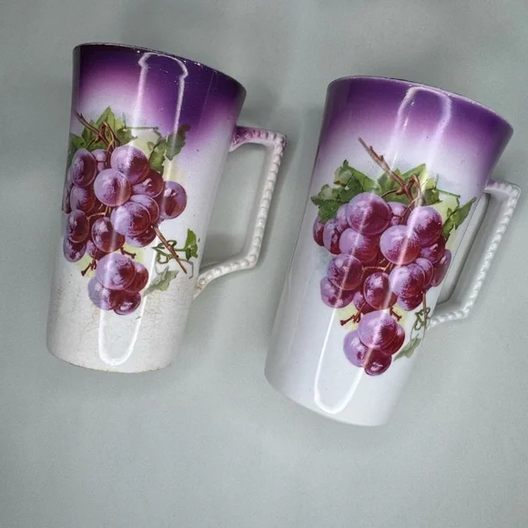 Elegant Vintage porcelain mugs hand painted Purple Grape Design.